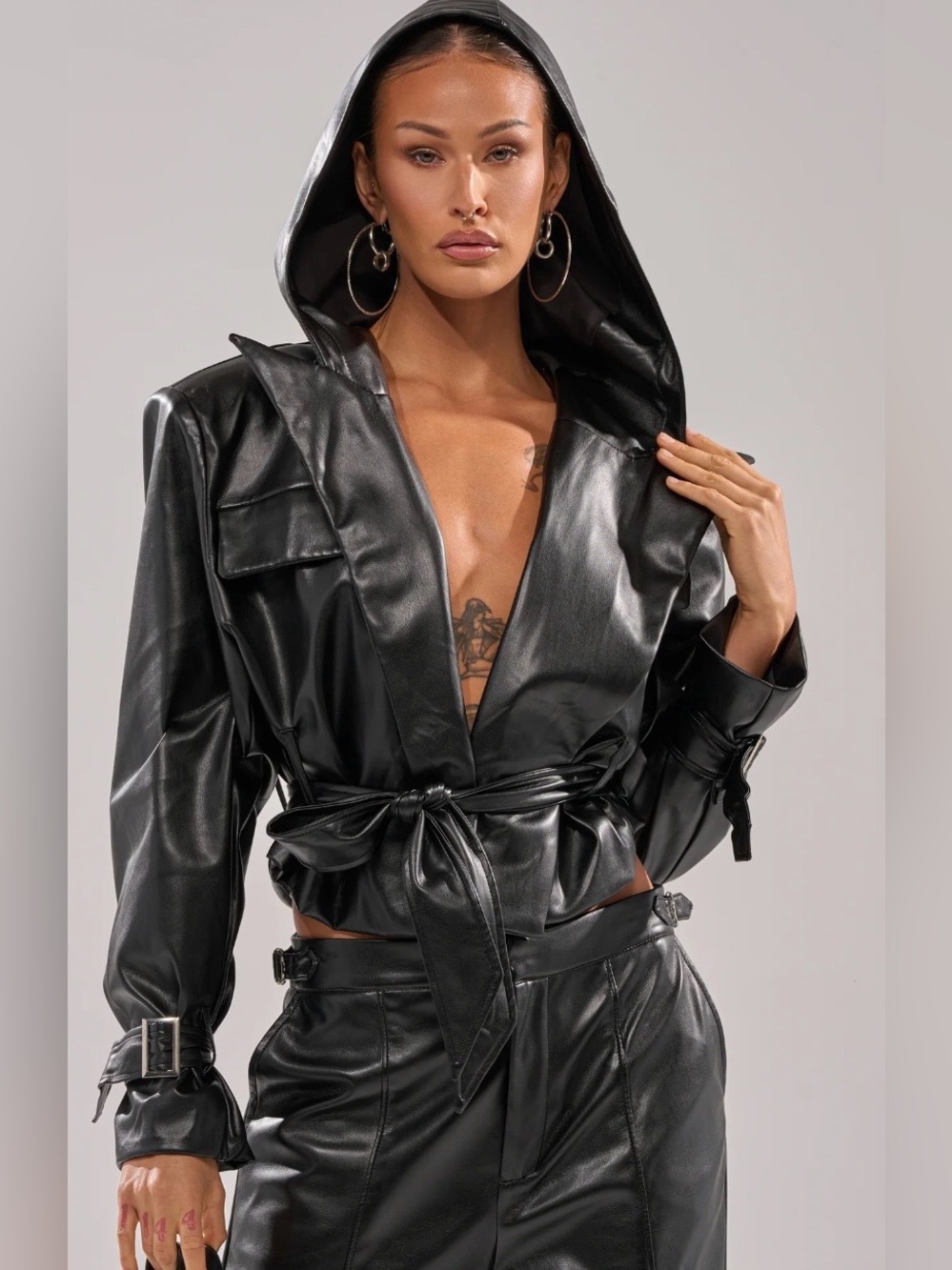 NWT AKIRA  Black Faux Leather Hooded Jacket with Tie Waist size XL